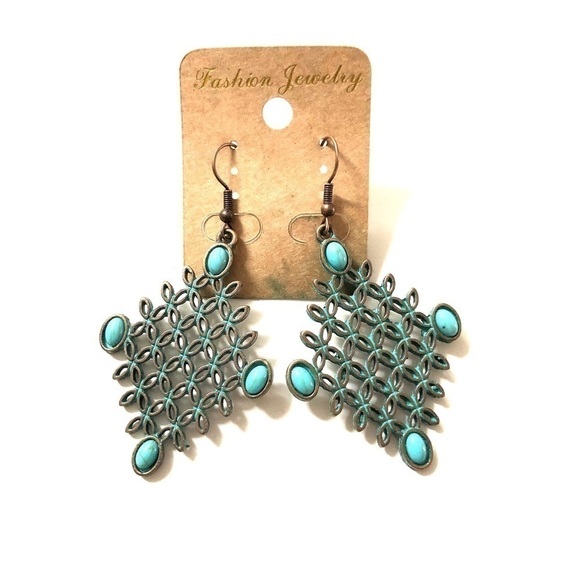 Vintage Style Bronze & Blue Tone Diamond Shaped Earrings - Picture 4 of 7
